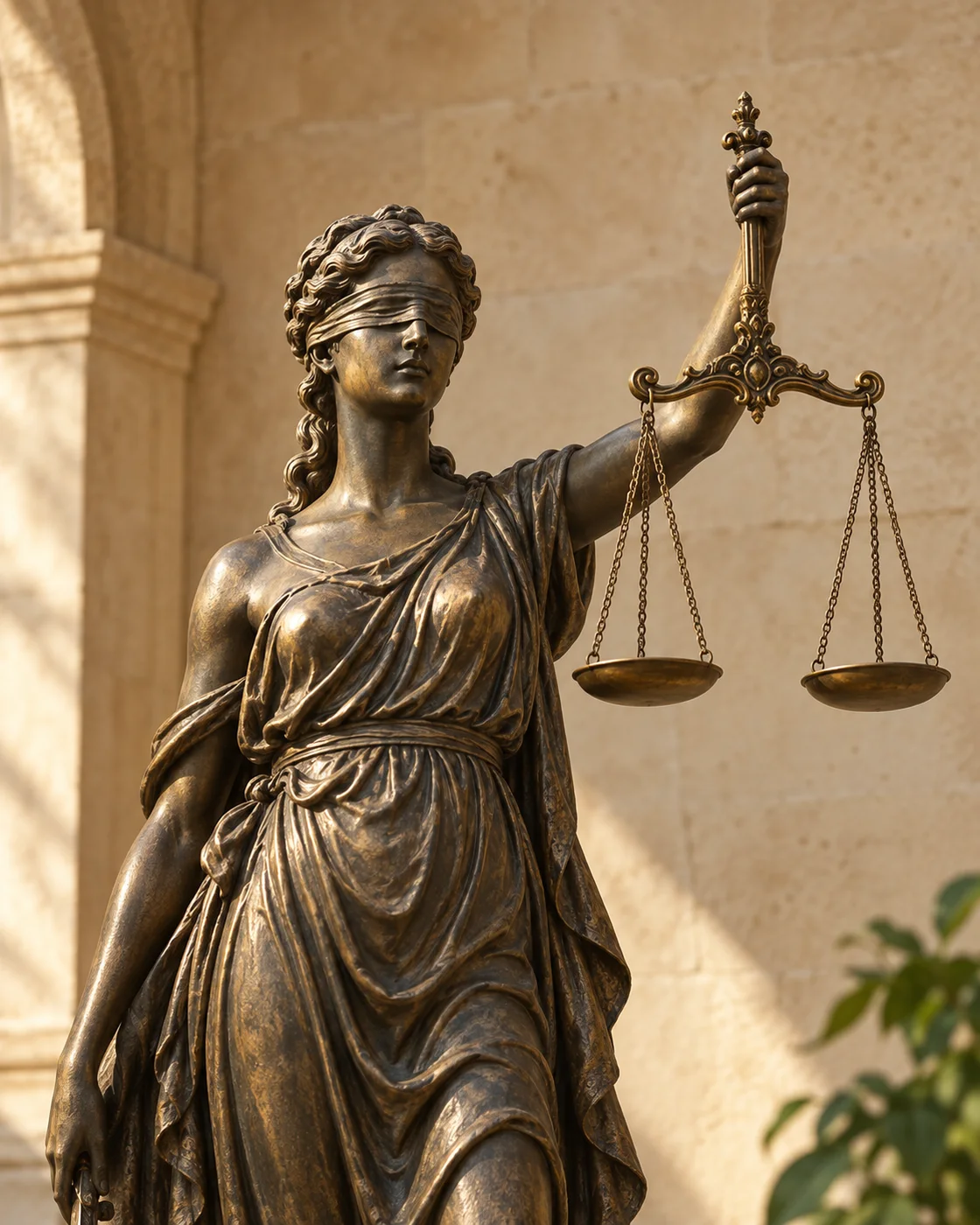 Escultura de bronce de la Justicia, con los ojos vendados y una balanza